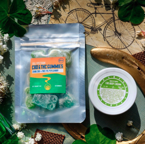 Appalachian Standard St. Patrick's Day bundle featuring a clear package of Full Spectrum CBD & THC gummies (20mg CBD + 7mg THC per gummy) and Sweet Clover CBD Body Cream (1.5oz), artfully arranged with green foliage, white flowers, and decorative items on a textured background with a bicycle illustration.